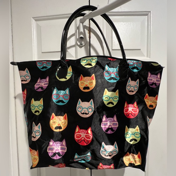 Super Cute🐱Colorful Cats in Glasses Print Tote Bag, Zip Top , Sturdy Handles - Picture 1 of 10